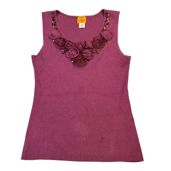 Ruby Rd Ribbed Sleeveless Tank Top, Floral Embellishments, Color Plum, Size PXL - Picture 4 of 10